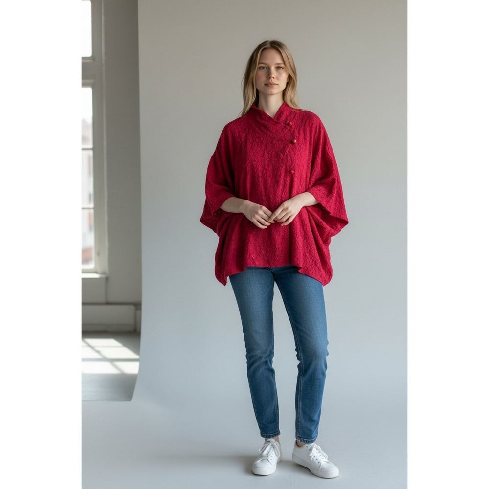 URU Red Textured Floral Oversized Asymmetrical Button Top Mock Neck Artwear Silk